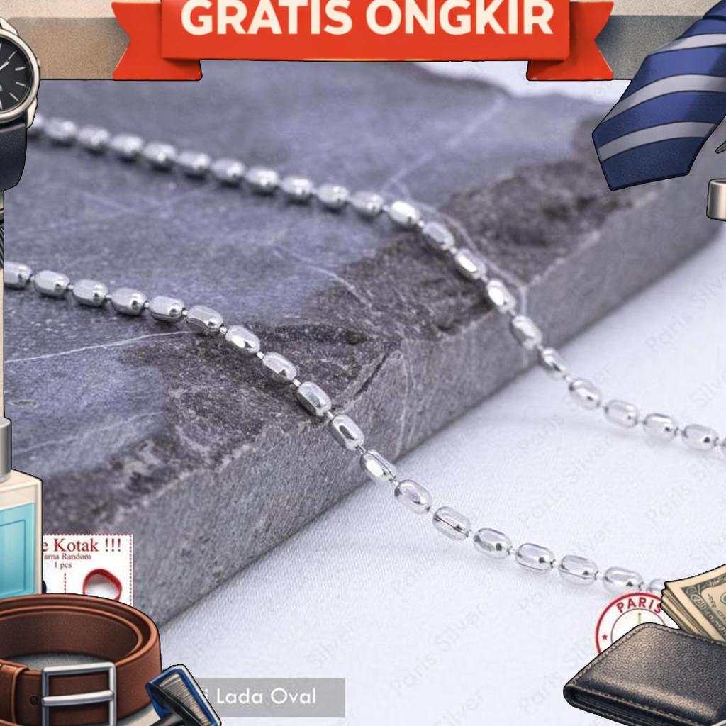 Kalung Panjang Perak Asli Model Biji Lada Silver 925 Lapis Emas Putih Cowok Pria Kilap Oval Silinder