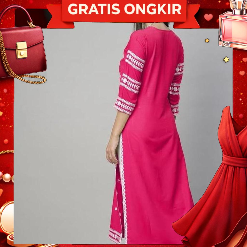 Laqueens Gosriki Pink Baju India Kurti Kurta Tunik Chikankari Bordir Remaja Dewasa Kondangan Midi Dr