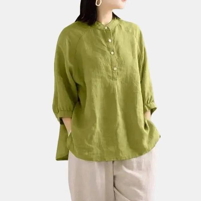BEST SELLER / PREMIUM Blouse Wanita Jumbo katun linen Rami Kerah Shanghai Kemeja Lengan 3/4 baju  At