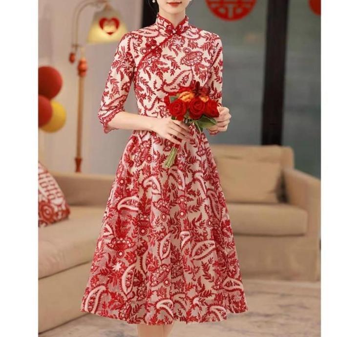 Midi dress Imlek Sincia Baju Cheongsam Chongsam Cheong Sam Sangjit Baju Terusan Wanita Merah Red