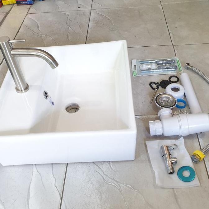 Endahratnasih67 - wastafel keramik kotak besar paket lengkap kran SUS304