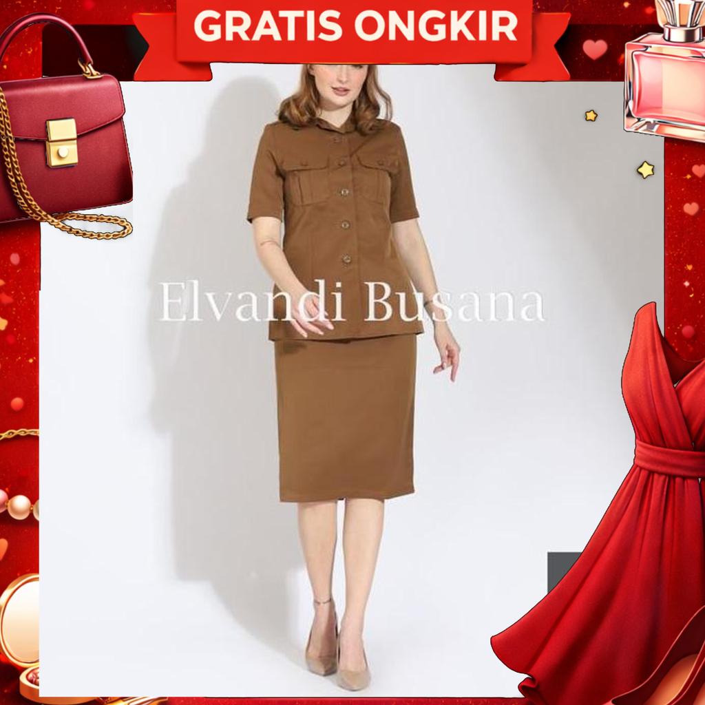 Setelan Jas Wanita Blazer Model Saku Atas Khaki Tua Gelap Seragam Guru Baju Pns & Pemda - 0901 Setel