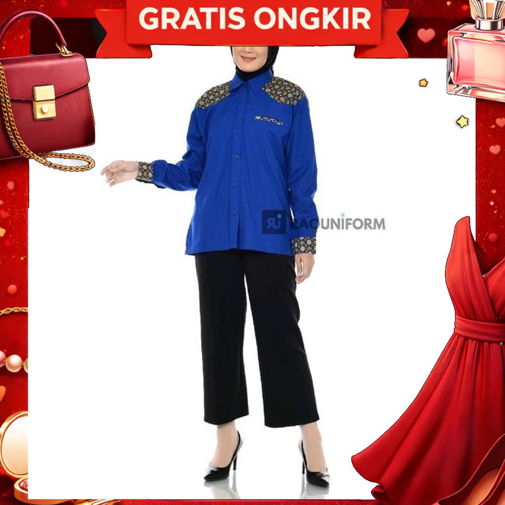 Atasan Batik Wanita Seragam Kerja Kombinasi Kemeja Batik Lengan Panjang Baju Kantoran Cafe