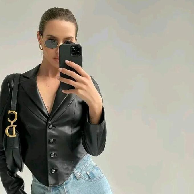 BEST SELLER / PREMIUM Jaket kulit Wanita Crop V Korean Hijab Top Leather Outfit Mafia Mamba Konser M