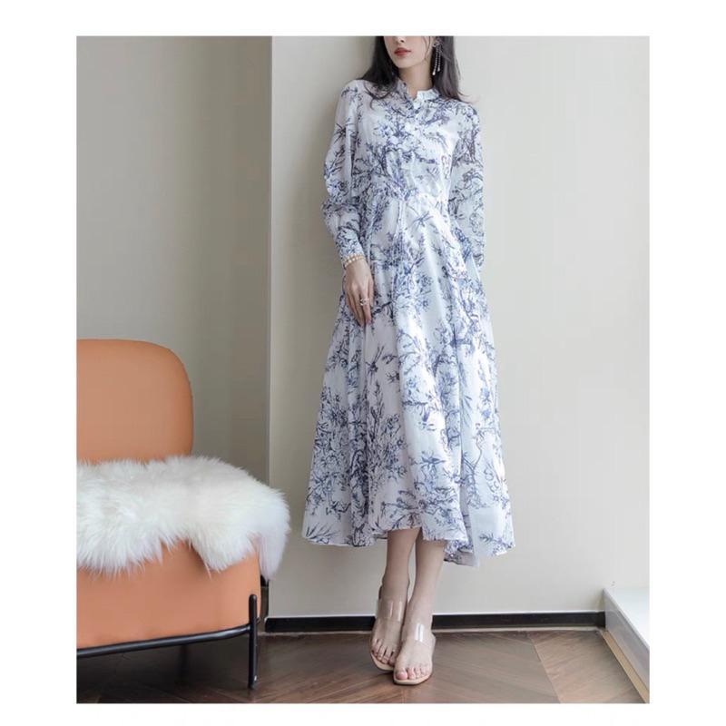 D1319 Hugo Korean Style Floral Vintage Maxi Dress Casual Formal Retro Look Porcelain Motif Hijab Bus