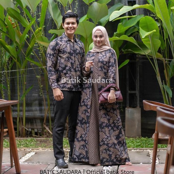 Batik Saudara Couple Batik Gamis Bolero Kemeja Panjang Motif Daun Jati Baju Pasangan Muslim Wanita