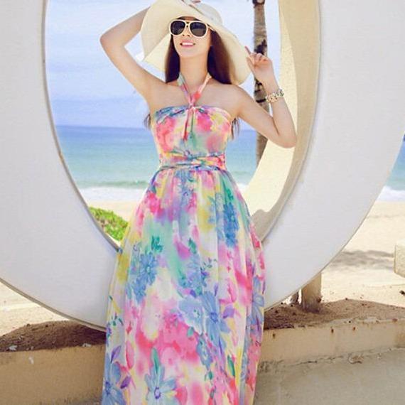 Promo RAINBOW halter neck midi dress woman premium / korean summer dress / beachwear bali / dress pa