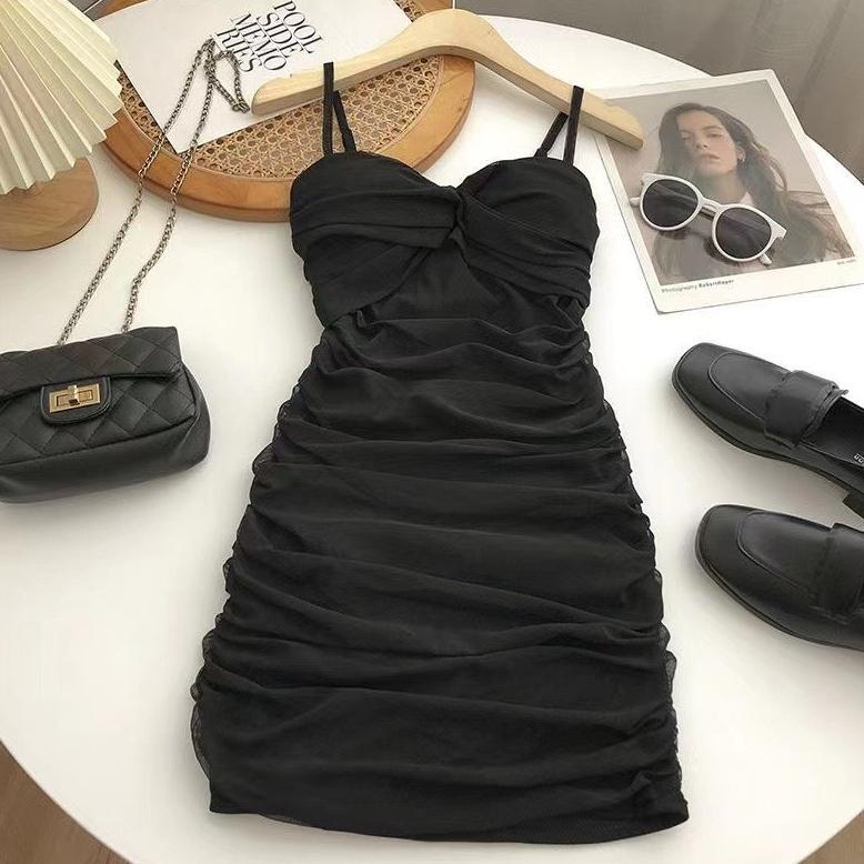 HOT DEALS Sexy Ruched Mini Dress in Black Hitam and Brown Cokelat Coklat Beige - Dress Casual Kasual