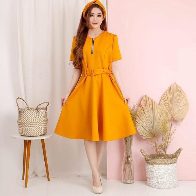 Promo DRESS ZIPEER SCUBA MUSTARD / BUSUI FRIENDLY / DRESS WANITA / DRESS PESTA CASUAL Diskon