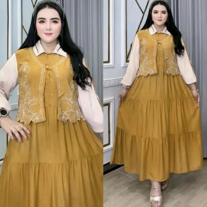 Promo Midi Dress Wanita Pakaian Rompi Bordir Yansira 0205 3760 Rayon Twill Busui Kancing Aktif Rompi