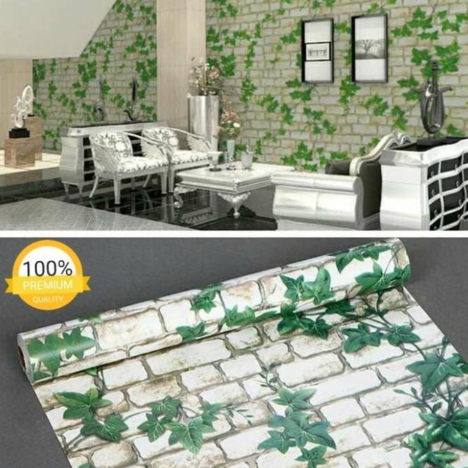 Cat- Wallpaper Sticker Dinding 3D Batu Bata Putih Daun | Walpaper Stiker
