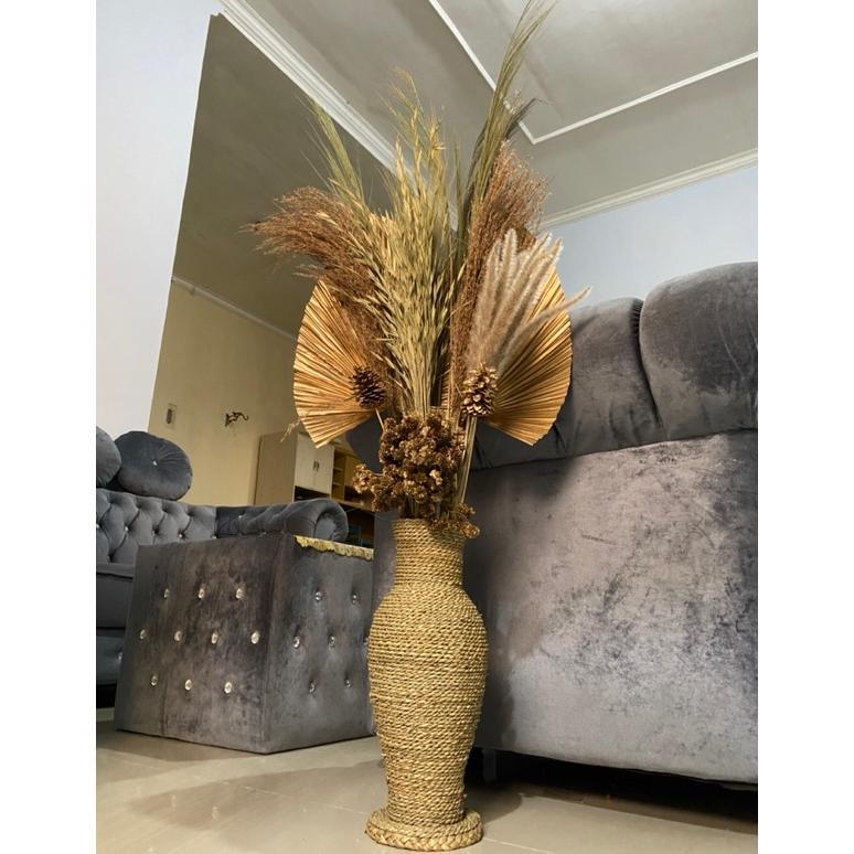 Gratong Paket Lengkap Bunga Dan Pot | Daun Palem Kering | Bunga Kering | Pampas | Rayung | Dekorasi 