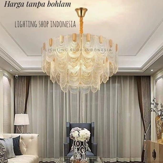 Lampu gantung kristal bulat kaca plafon gantung 16 lampu gold 3 susun