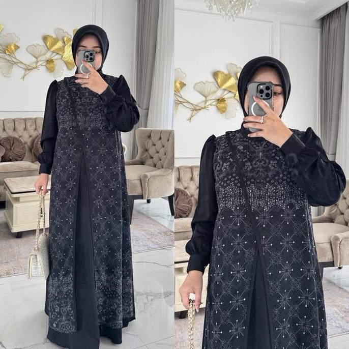 DE95 - NNfashion ~ KHANSA DRESS  II  WANITA MUSLIMAH PANJANG CANTIK  Muslim Motif KOMBINASI games te