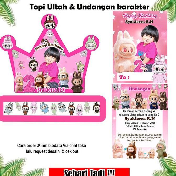 Topi ultah anak custom isi 75 pcs (PAKET TOPI & UNDANGAN)+desain foto anak Topi pesta/Topi ulang tah