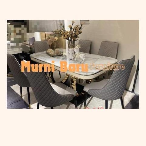 Terlaris Meja Makan 6 Orang Batu Marmer Granit Warna Abu Abu + 6 Kursi Bahan Kulit Oscar