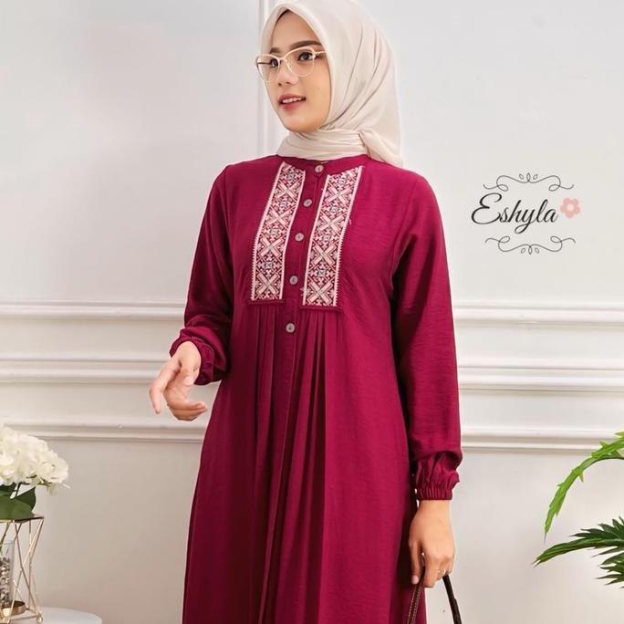 Hokywoi- Arumi Dress - Gamis Bordir Polos Wanita Linen Crinkle Premium