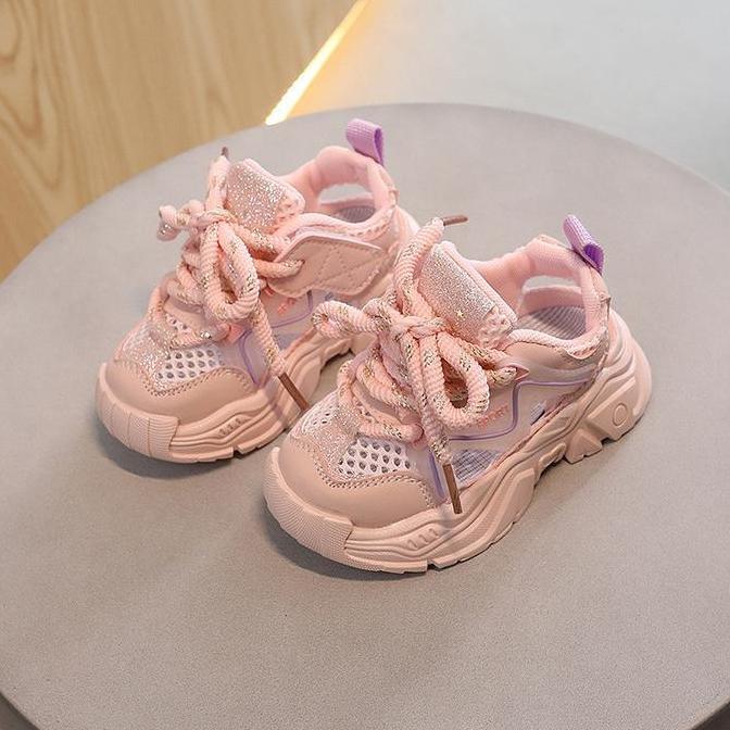 DV348 >> Sepatu Sneakers Anak Perempuan Gliter Sport Tali Pita NEW Fashion BISA COD