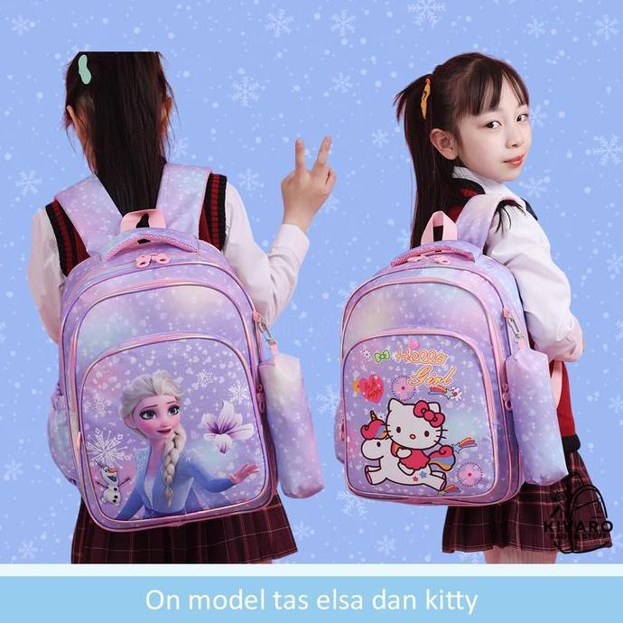 DB41 - Kivaro Tas Ransel Anak SD Perempuan Besar 43cm Motif Hello Kitty & Unicorn Dapat Pouch Unicor