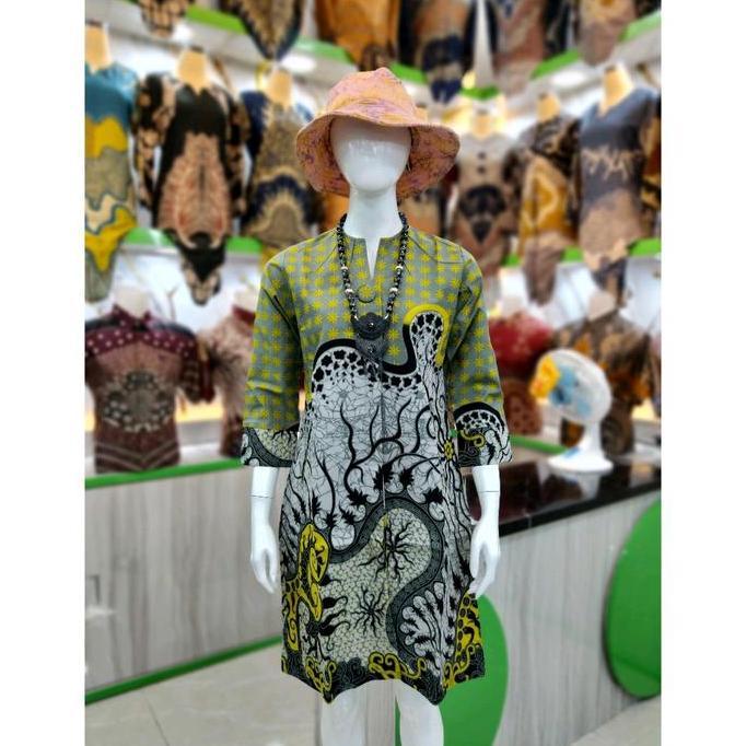 Tunik Batik Qistina motif kenanga solo bahan katun halus model kancing depan Atasan Wanita
