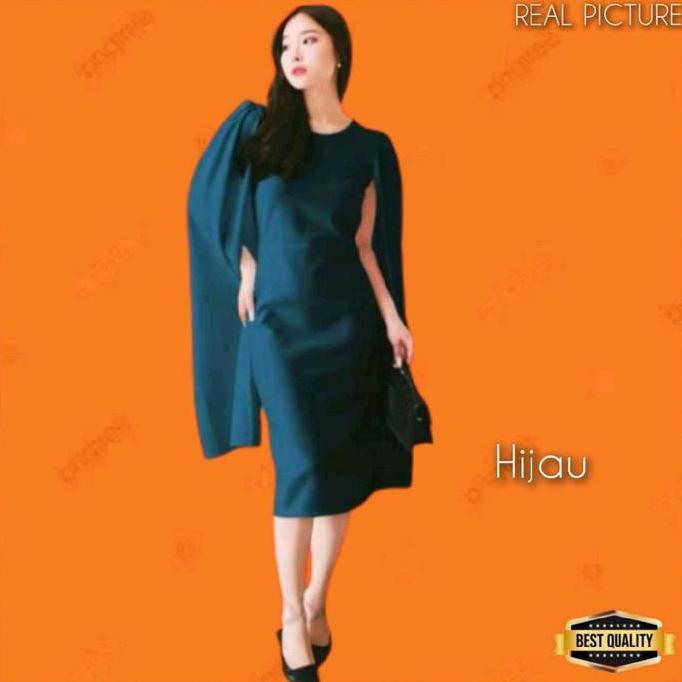 Gaun Dress Pesta Wanita Moxire Baju Gaun Cape Korea Natal Elegan Putih