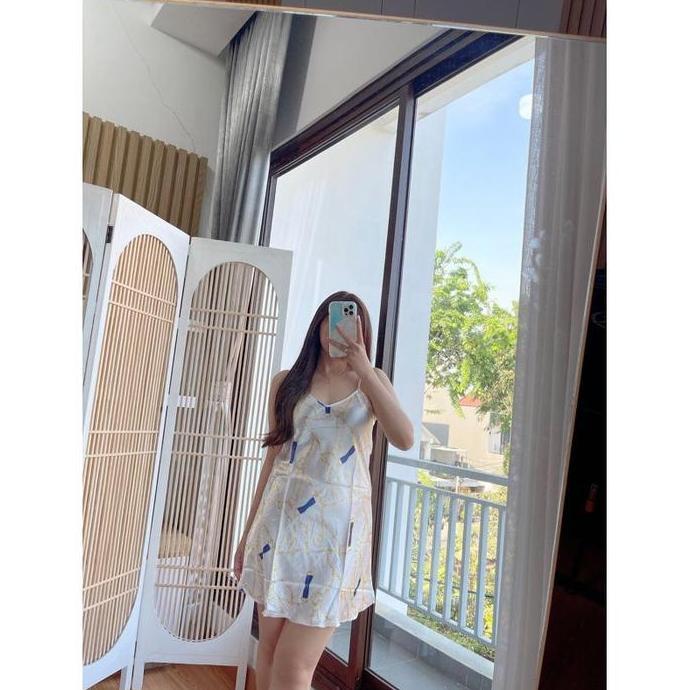 DRESS SLEEPWEAR SINGLET SATIN IMPORT MOTIF Wanita Daster Pendek Gaun Tidur Dewasa Lingerie