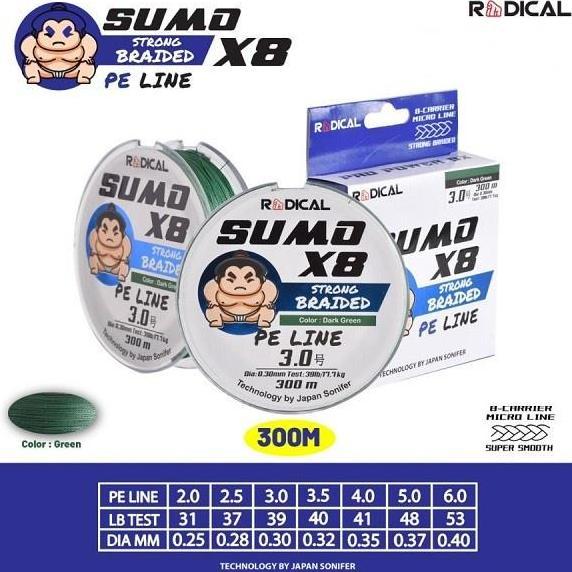 Senar pancing braid pe line radical sumo X8 300m hijau (TERBAIK) (TERBARU) (TERMURAH)