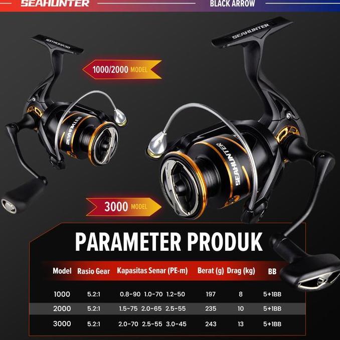 [Peningkatan Baru]SeaHunter Black Arrow Power Handle Reel Spinning 1000-3000 Reel Pancing Putar Kump