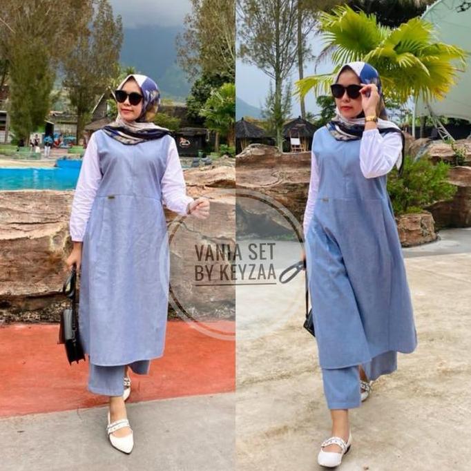 Set Tunik dan Celana Keyzaa Vania Bahan Katun Premium untuk Wanita - Kulot, Bawahan, Kancing, Baju, 