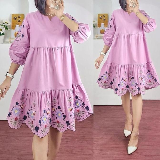 GISELA - Dress katun bordir wanita dress cantik Ld. 110 cm Midi Casual Terusan