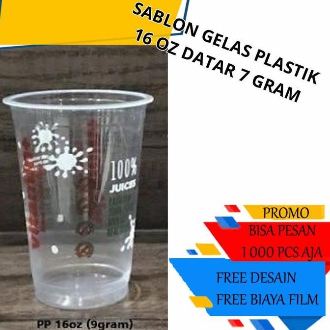 SABLON GELAS PLASTIK CUP 16OZ DATAR 7GRAM BENING TEBAL LOGO 1 WARNA