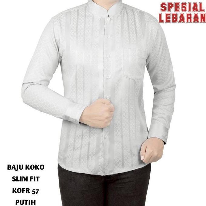BAJU KOKO MUSLIM PRIA KEMEJA KOKO PRIA SLIM FIT LENGAN PANJANG FORTUN REMO KOFR 57 PUTIH GLOW MUSLIM