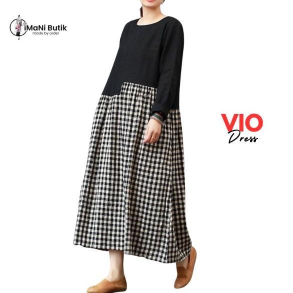 Imani Butik | Dress Vio Fashion Muslim Wanita Model Polos Bahan Katun Formal Hitam Kotak n Zipper Ko