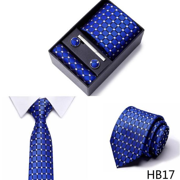 DR206 - Dasi Set silk 8cm Set Cufflink Saputangan Jas Box NAVY BIRU MUDA BLUE BIRU DONGKER