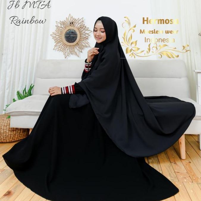 [Gamis Hermosa] Gamis polos jetblack manset rainbow bahan bludru-Gamis Jetblack MTA Hitam Raibow/Gam