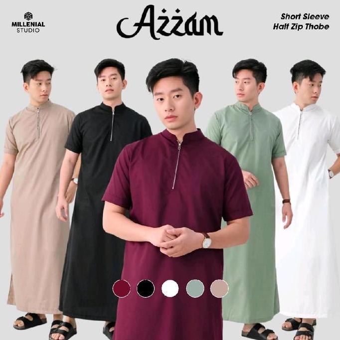 AZZAM Jubah Pria Slimfit Gamis Lengan Pendek HalfZip Thobe Sanvanina | Jubah Pria Katun Toyobo | Tho