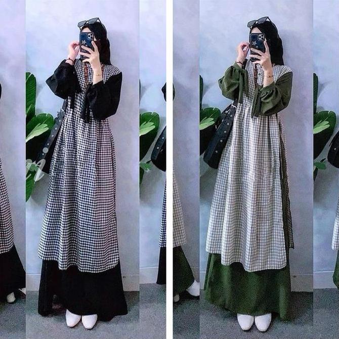 Grosir Maxi Aizura Dress Casual Wanita Muslim Gamis Kekinian Bahan Crinkle Airflow Mix Katun Kotak