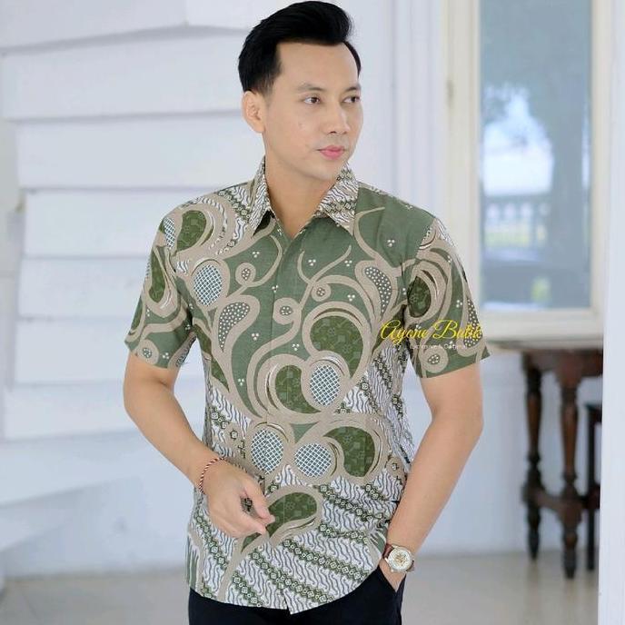 Hem batik pria slim fit MAHAMERU SAGE batik pria lengan pendek warna hijau sage kemeja batik pria hi
