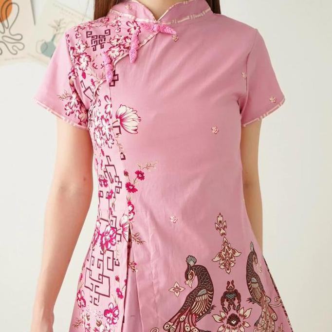 Dress Batik Cheongsam Warna Soft Pink Dres Katun Baju Wanita Natal Imlek NS