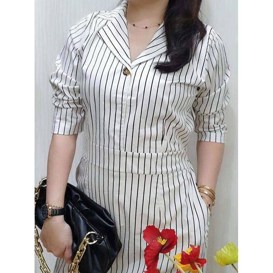 Mbgx- Dress Blazer Korea - Dress Salur - Bodycon Dress Korea - Dress Kancing Depan