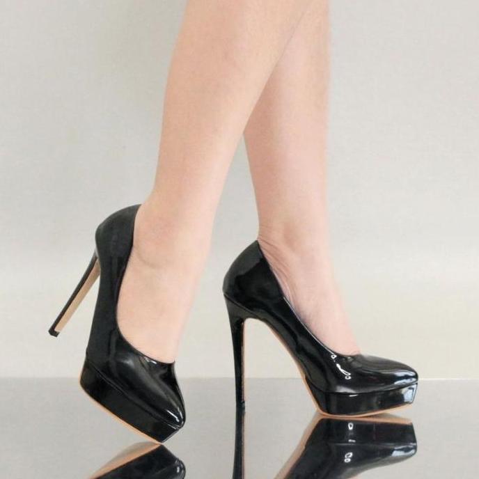 YKshoes 1796 heels 12cm pump pantofel stiletto heels ketutup heels pink hitam black sintetis glosy p