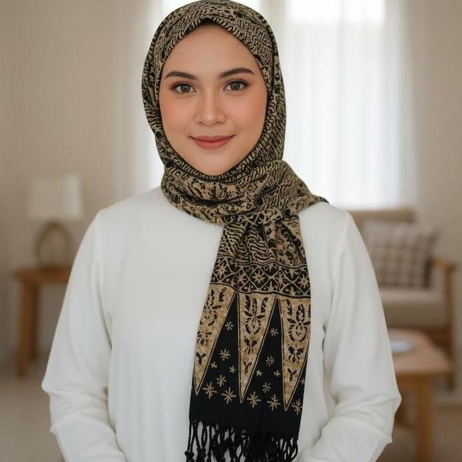 Syal Pashmina Batik Cap/ Selendang Wanita Santung/ Scarf Parang Kuning Best Seller