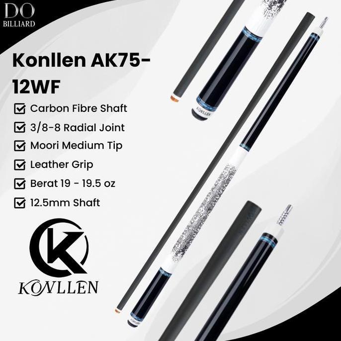 Stick Billiard KONLLEN AK75-12F Carbon Cue Leather Grip Low Deflection / Stick Konllen AK75-12F