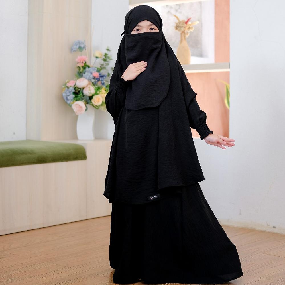 ORIGINAL SALVINA KIDS GAMIS ANAK PEREMPUAN FRENCH KHIMAR USIA 1 SAMPAI 12 TAHUN MADINA SET - HITAM