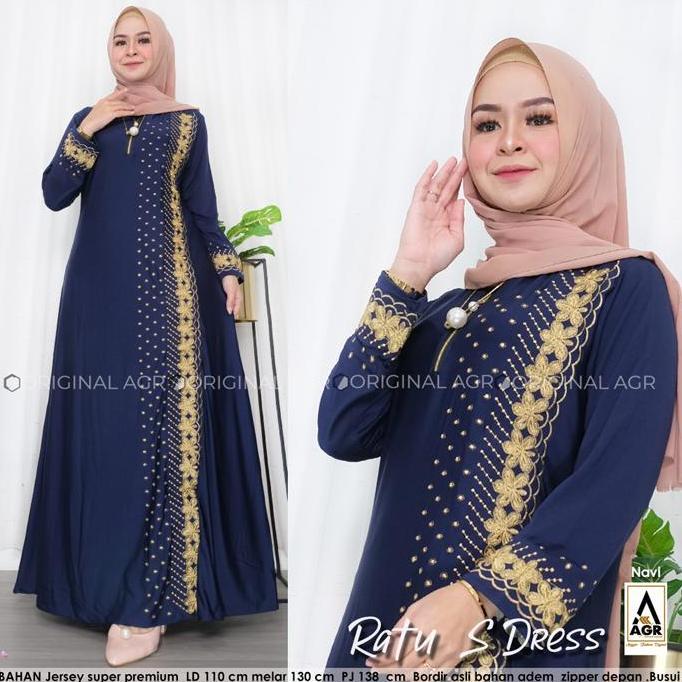 Gamis Wanita Ratu Senja Bahan Jersey Livina Motif Bordir Size L XL XXL LD 90 100 120 Lembut Melar Mu