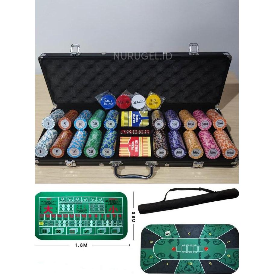 Promo Poker Chip Set 500 pcs Premium Clay Coin + Suitcase + Premium Rubber Playmat 180cm x 90cm Disk