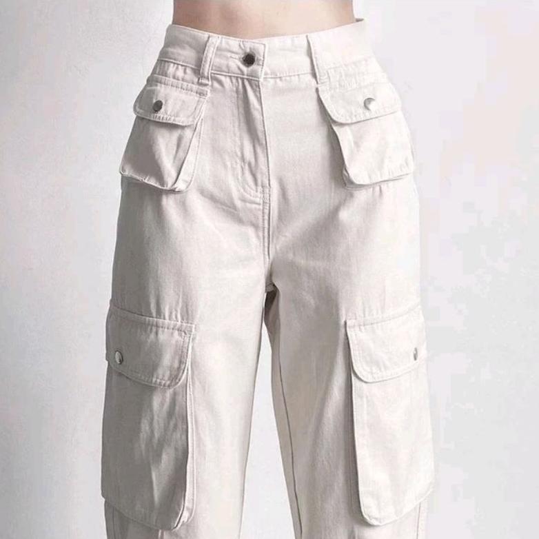 premium celana cargo krem highwaist wanita-celana cargo denim pasir putih new-celana cargo wanita