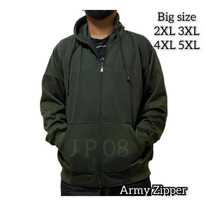 DV173 - Jaket Polos Sleting Jumbo Pria Wanita Bigsize Sweater Hoodie Zipper Hijau Army XXL XXXL XXXX