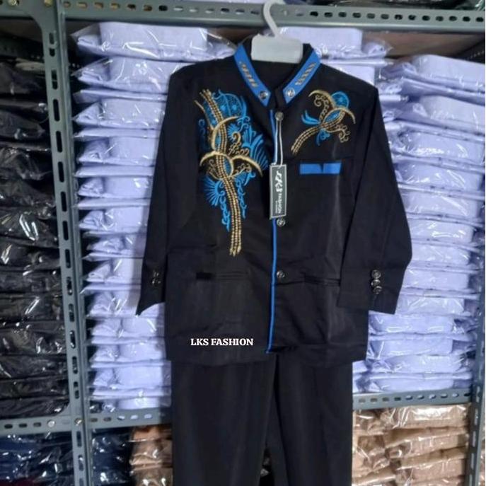 Kirimya- Jas,Ko Setelan Bordir Anak Laki  Laki, Kain Hightwits Baju Muslim Anak Tangan Panjang Hitam