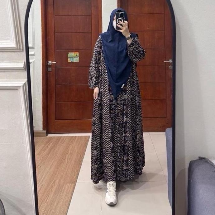 Tania Dress Gamis Rayon Viscose Busui Friendly Tanpa Hijab Manset Karet Tangan Semi Balon